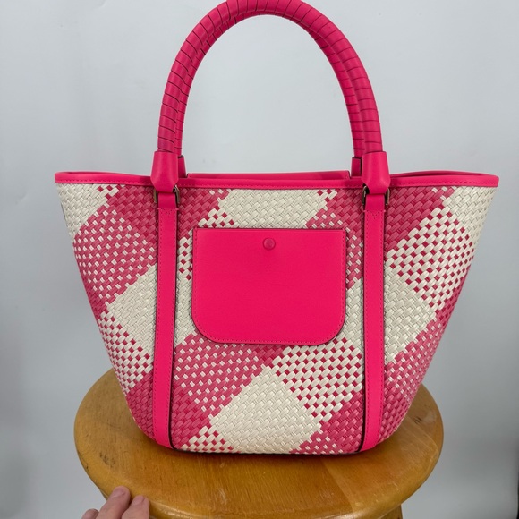 Kate Spade Cruise Gingham Medium Pink and Cream Woven Tote Bag